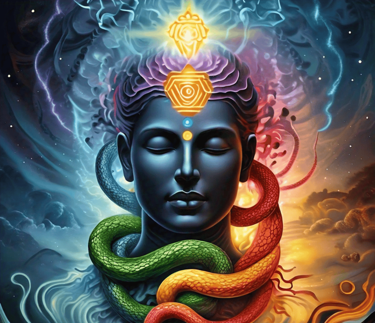 A visually captivating representation of Kundalini energy depicted as a vibrant serpent coiled at the base of a stylized human silhouette. The silhouette is surrounded by swirling colors and light, symbolizing the 